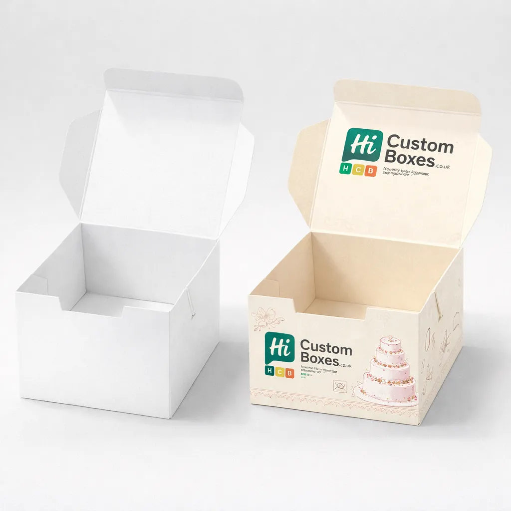 Open square wedding cake boxes in white and cream, showing custom branding and a pink tiered cake graphic.